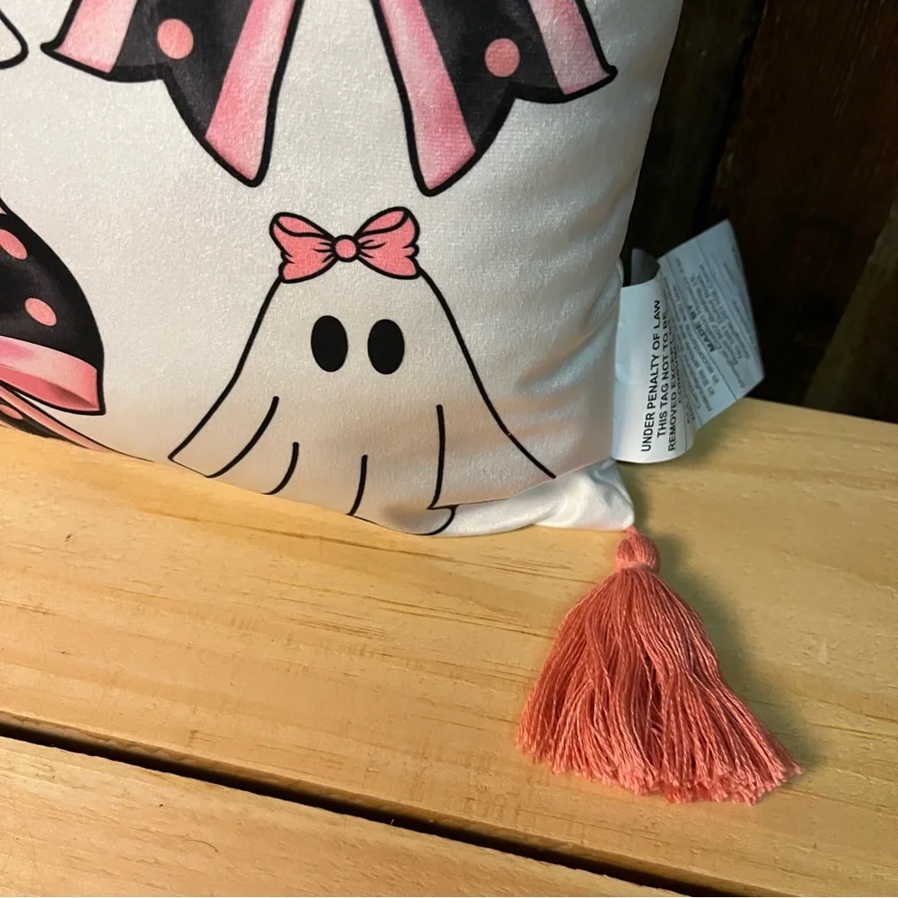 Girly Ghost Bows Throw Pillow With Tassels Spooky Halloween Pink Floral